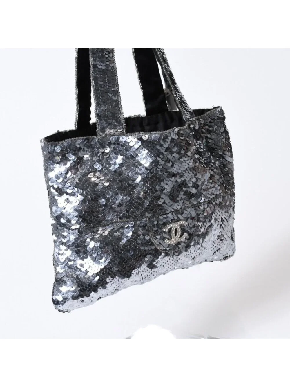 Chanel Sequin Handbag CC Logo Rhinestone Silver Clear